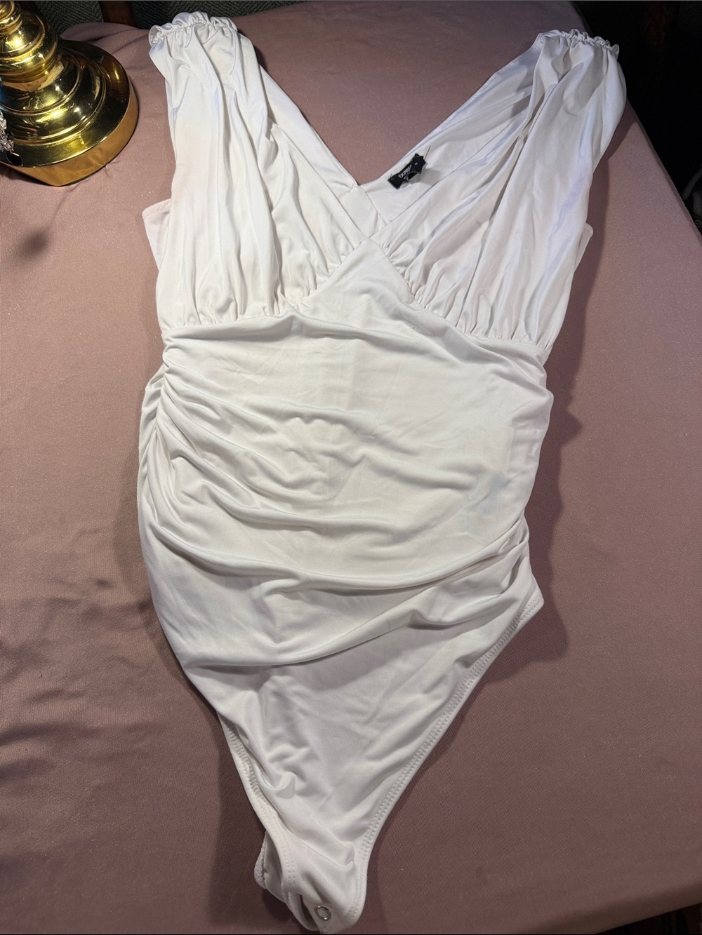 Express White V-Neck Sleeveless Ruched Bodysuit
